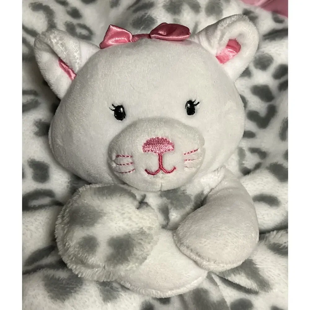 Okie Dokie Cat Leopard Plush Pink Grey Satin Ruffle Baby Security Lovey Blanket
